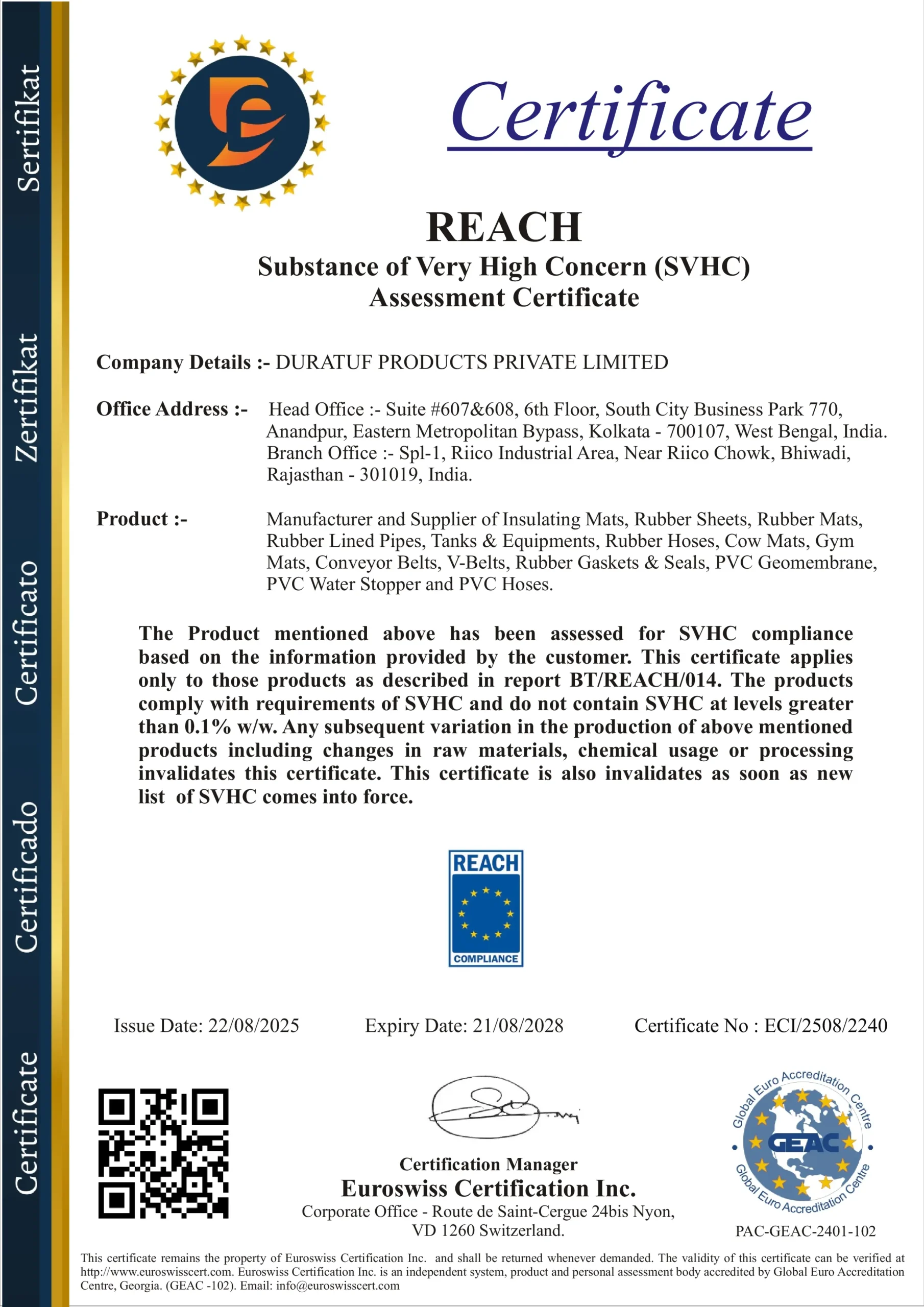 Substance of Very High Concern Assessment Certificate